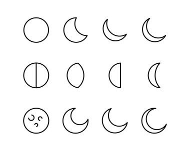 Ay evreleri simgeleri. Ay aşaması. Güneş tutulması gerçekleştiğinde Güneş 'in şekli. Gece uzay astronomisi ve doğa ay evreleri. Yeni aylardan dolunaya kadar tüm döngü