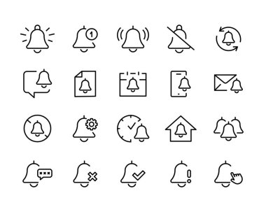 Çan simgesi bildirim ayarlandı. Dilsiz, Bildiri, Uyarı Uyarısı. Alarm uyarısı işareti. Sipmle halka yeni ileti veya abonelik satırı simgeleri ayarlandı, düzenlenebilir vuruş beyaz, doğrusal vektör izole