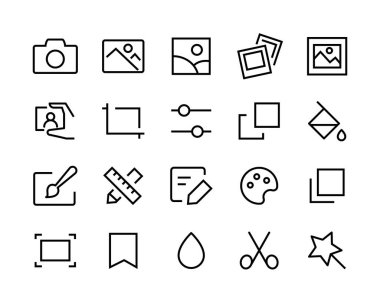 Fotoğraf Çizgisi Simgeleri. Resmi Düzenle, Yazdır, Büyüt. Düzenlenebilir Vuruş Düzenle resim, Oynat sunumu ve fotoğraf yazıcısı. Resim indir, galeri atlıkarınca, yer tutucu resim simgesi seti