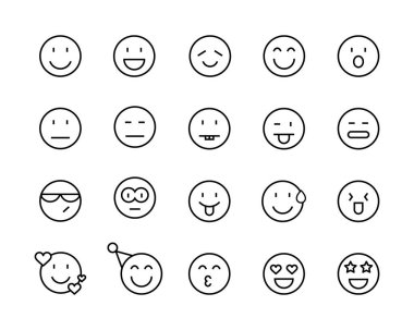 Gülen yüz çizgisi simgeleri düzenlenebilir vuruşları ayarlar farklı duygular gülen ikon beyaz, güler yüzlü, nötr emoji ikonu