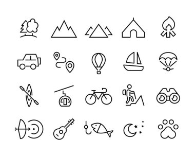 Macera dağ ikonu seti. Yürüyüş, kamp ateşi, şnorkelle yüzme, tırmanma, seyahat kanosu. Açık hava aktivite turizmi, yerel tur, kamp, peyzaj çizgisi simgeleri, düzenlenebilir vuruş beyaz üzerine izole