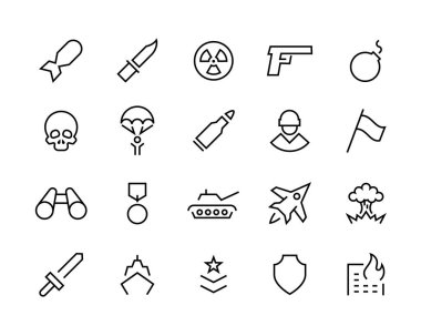 Ordu ana hatları ikon dünya savaşı vektör çizgisi simgeleri, askeri askeri teçhizat, araçlar, yardımcılar ve cihazlar. çizgi simgeleri ayarlandı, düzenlenebilir vuruş beyaz, doğrusal vektör çizimi, sembol