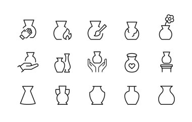 Çömlek ikonu koleksiyonu. Vazolar, kırık seramik, Antik Seramik Vazo simgeleri çizgi beyaz, doğrusal vektör çizgisi çizimi üzerinde izole edilmiş düzenlenebilir felç, Clay stüdyo araçları