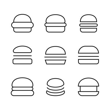 Hamburger ikonları hazır. İllüstrasyon web sitesi, düzenlenebilir felç ikonu, et, et, et, yemek, marul, sandviç, yemek, ızgara, domates, çörek, soğan, peynir ana hatları sembolü. Fast food vektörü.