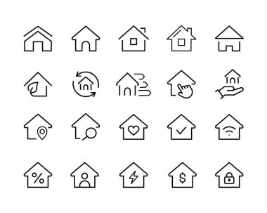 evler ince çizgi simgeleri. akıllı ev, iletişim ve destek, ev satırı simgeleri seti, düzenlenebilir vuruş beyaz, doğrusal vektör ana hatları çizimi, sembol logo tasarım biçimi