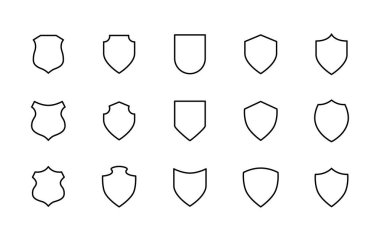 Kalkan simgesi ayarlandı. Bağışıklık sistemini antibakteriyel koruma, Heraldik kalkanlar, güvenlik şövalyesi ödülü, çizgi simgeleri, düzenlenebilir vuruş beyaz, doğrusal vektör çizgisi çizimi, sembol