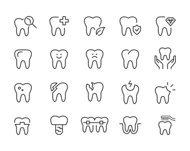 Diş hekimi, diş ikonları, diş hekimi, temizlik, koruma, tedavi, ağız sağlığı, bakteriler, implantlar, diş ağrısı, diş çizgisi simgeleri seti, düzenlenebilir felç beyaz, doğrusal vektör çizgisi çizimi gibi