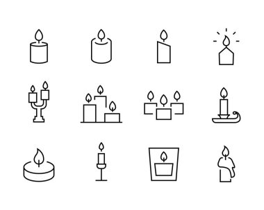 Yanan mum ikonu seti. mum ışığı siyah çizgi simgeleri seti, düzenlenebilir vuruş beyaz, doğrusal vektör ana hatları çizimi, sembol logo tasarım biçimi