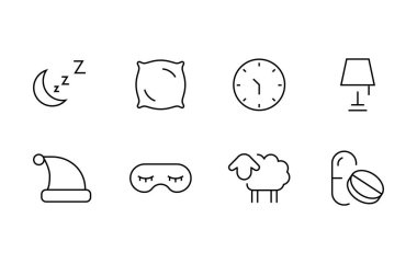 Uyku ikonu seti, Yastık, Uyku Hapları Alarmı Alarm Saati, Uykusuzluk, Yastık, Uyku Hapları, Zil, Uyku Hattı simgeleri için Gözlük, düzenlenebilir felç, beyaz, doğrusal vektör çizgisi çizimi