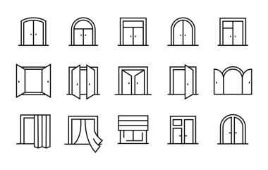 Pencere çerçeve simgesi ayarları Pencere kör çizgi simgeleri seti, düzenlenebilir vuruş beyaz, doğrusal vektör ana hatları çizimi, sembol logo tasarım biçimi