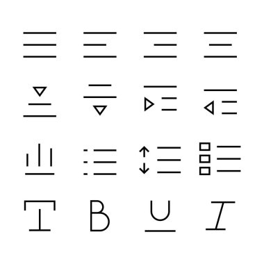 Metin düzenleme simgesi seti. kalın, normal, italik, yazı tipi, ubderline, harf, kesik, klavye, dil, sayfa, kerning, sayı, düzenleme ve biçimlendirme çizgi simgeleri seti, düzenlenebilir vuruş beyaz, doğrusal,