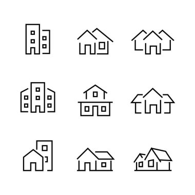 evler ince çizgi simgeleri. Akıllı ev, House Buildings Mimarisi kamu altyapısı. Şehir, gayrimenkul, saray çizgisi simgeleri seti, düzenlenebilir vuruş beyaz, doğrusal vektör hatları izole