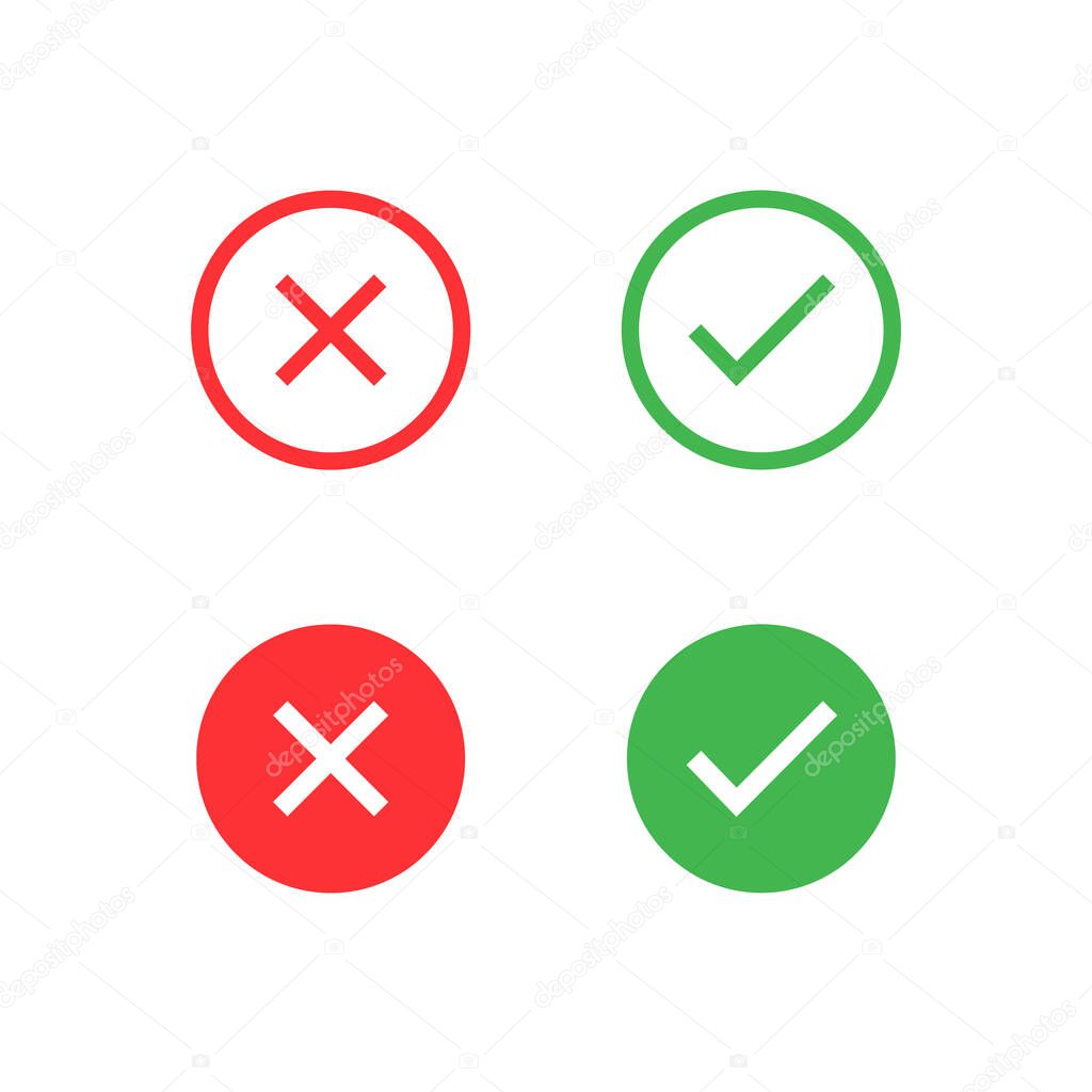Tick, cross signs. Green checkmark OK red X, Simple marks Circle symbols YES NO button for vote, Check box list. Check marks line icons set, editable stroke isolated on white, linear flat design