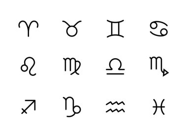 Yıldız falı. Astrolojik takvim, zodyak. Batı. Takımyıldız çizgisi ve düz simgeler seti, düzenlenebilir vuruş beyaz, doğrusal vektör ana hatları çizimi, sembol logo tasarım biçimi