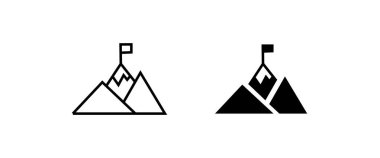 Dağın zirvesinde bayrak olan dağ bayrak ikon vektörü ile dolu. Başarı, hedef başarı, liderlik, görev, dağ, tırmanma, fethetme, yükseğe tırmanma, Hiking, Target, en üst tasarım.
