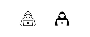 Bilgisayar korsanı dizüstü bilgisayar ikonu, casus ajan arama işareti, sembol, logo, illüstrasyon, düzenlenebilir vuruş, düz tasarım tarzı beyaz üzerine izole edilmiş