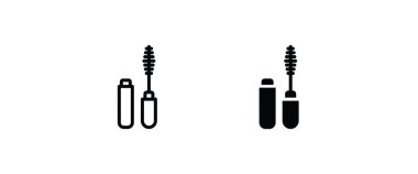 Rimel ikonu tüpünü aç. Makyaj. kirpik fırçası ve konteyner simgesi düğmesi, vektör, işaret, sembol, logo, illüstrasyon, düzenlenebilir vuruş, düz tasarım biçimi beyaz üzerine izole edilmiş