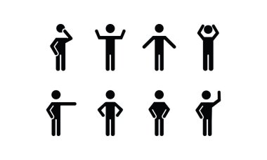 Düşünen adam simgesi, düşünce çubuğu figürü pozisyonları, insan simgeleri, çubuk figür pozisyonlarını gösteriyor, düz tuş, vektör, işaret, logo, illüstrasyon, beyaz üzerine izole edilmiş beyaz