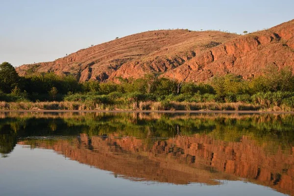 Hills of red earth and red rocks in the Kimberley area of Western Australia rise beside a river. A forest of grasses and trees border the hills. Both are reflected in the water. The sky is blue.