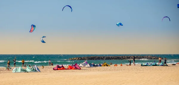 Kitesurfing Surfers All Ages Train Mediterranean Israel Ashkelon January 2023 —  Fotos de Stock