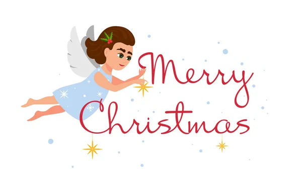 Christmas Angel Latający Niebie Zdobi Napis Wesołych Świąt Ilustracja Kreskówki — Wektor stockowy
