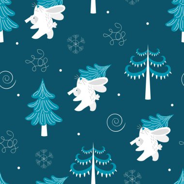 Ormandaki tavşanlarla kusursuz vektör deseni. Kış zamanı.