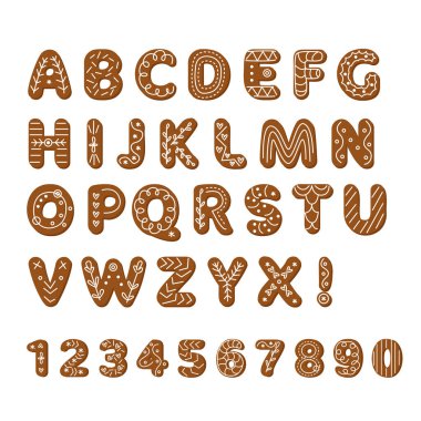  Vector zencefilli kek alfabesi ve sevimli geleneksel bayram kurabiyeleri. Şeker kaplı harfler ve sayılar.