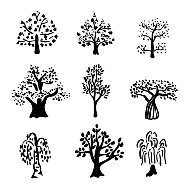 Beyaz arka planda el çizimi ağaç siluetleri var. Ağaçların toplanması, vektör illüstrasyonu