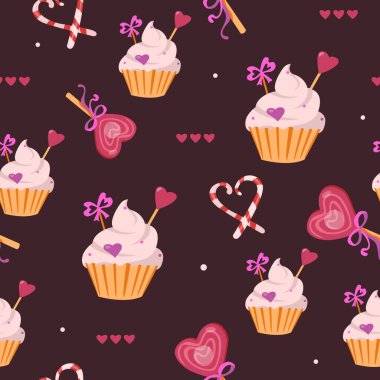 Hediyelik ambalaj kağıdı için kusursuz vektör desenli tasarım, şekerli öncül. Paket kağıdı, parti daveti ve arkaplan için çocukça baskı