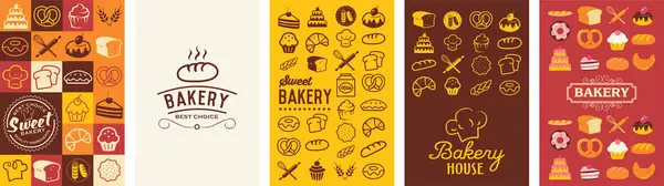 Пекарня Дизайн Шаблон Дизайна Обоев Плакат Медиабаннер Набор Векторных Значков — стоковый вектор