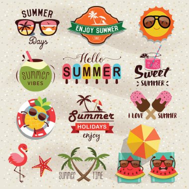 Yaz tatili, seyahat, plaj tatili, güneş için hazırlanmış etiketler, logolar ve elementler çizildi. Vektör illüstrasyonu. 