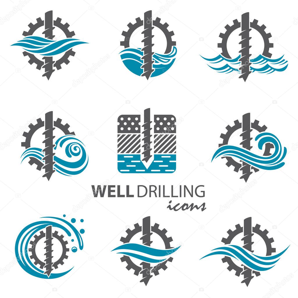 Collection of water well drilling isolated on white background