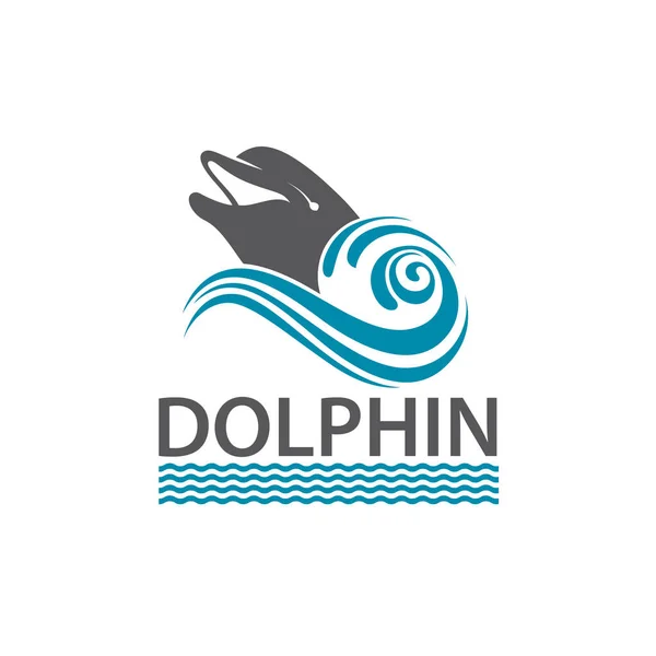 Emblem Von Delphin Und Meereswellen Isoliert Auf Weißem Hintergrund — Stockvektor