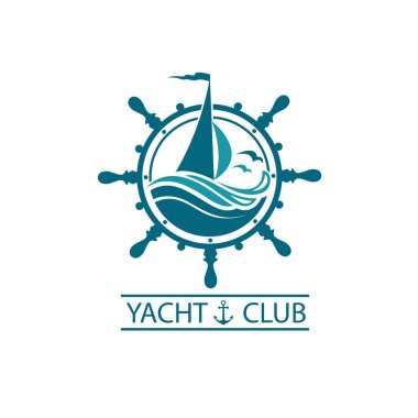 yat, dümen ve okyanus dalgaları martılar ile yelken simgesi