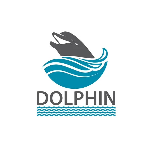 Emblem Von Delphin Und Meereswellen Isoliert Auf Weißem Hintergrund — Stockvektor