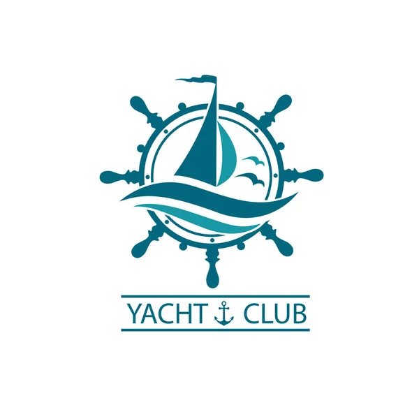 Icona Yacht Vela Timone Onde Oceaniche Con Gabbiani — Vettoriale Stock