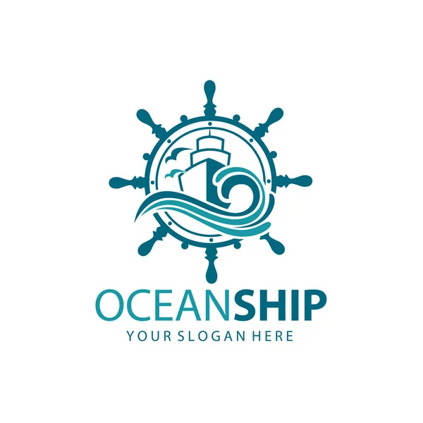 Иконка Корабля Ручного Колеса Океанских Волн Чаек Изолированы Белом Фоне — стоковый вектор