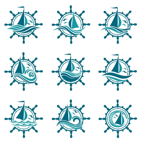 カモメとヨット ハンド ホイール 海の波をセーリングのアイコン コレクション — ストックベクタ