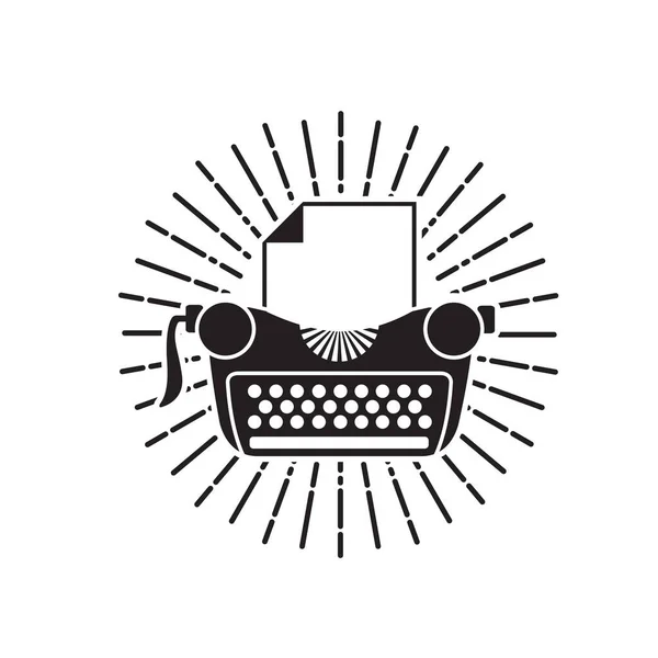 Schriftstellerabzeichen Mit Schreibmaschine Und Strahlen Isoliert Auf Weißem Hintergrund — Stockvektor
