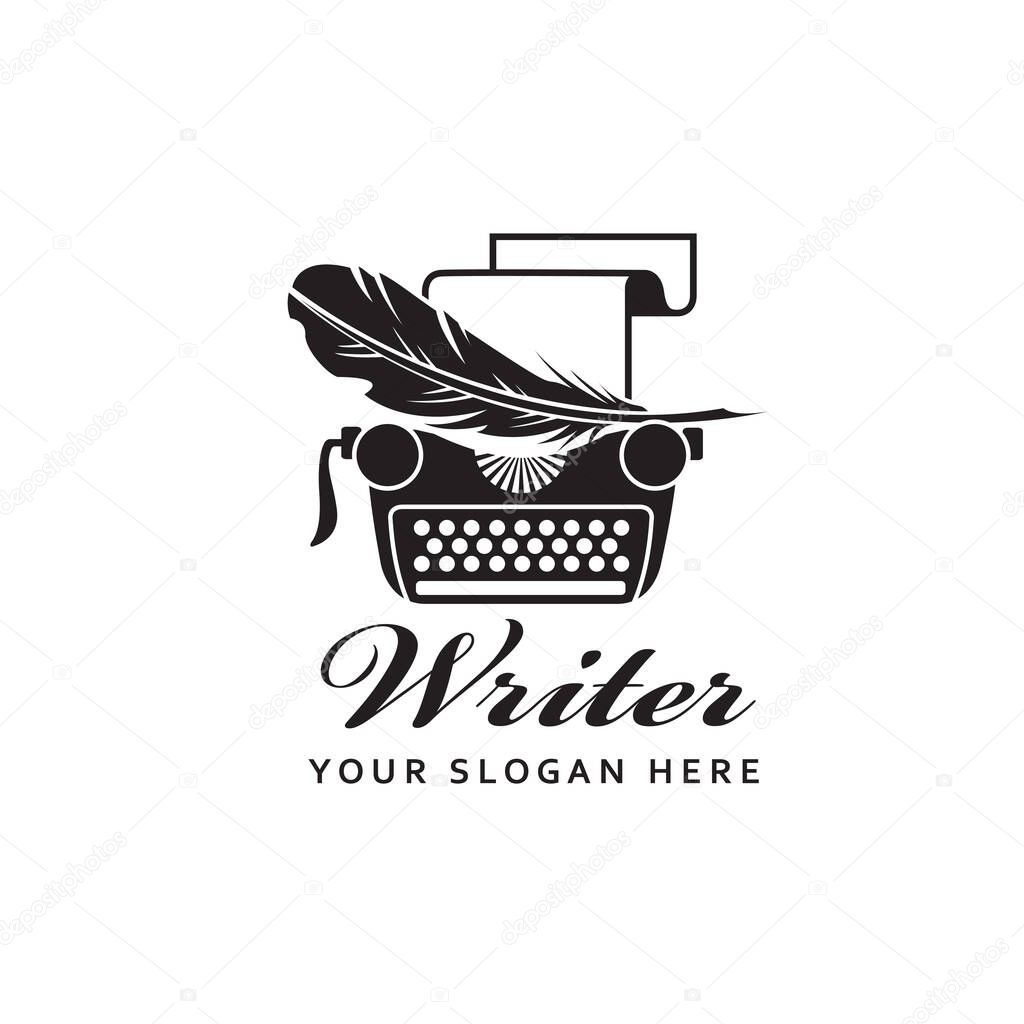 Writer badge with typewriter and pen feather isolated on white background