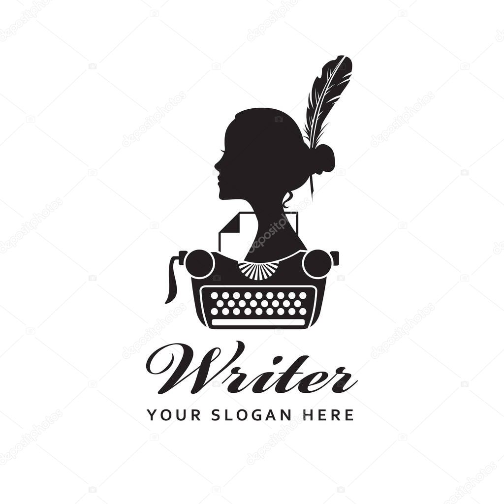 Writer badge with typewriter and pen feather isolated on white background
