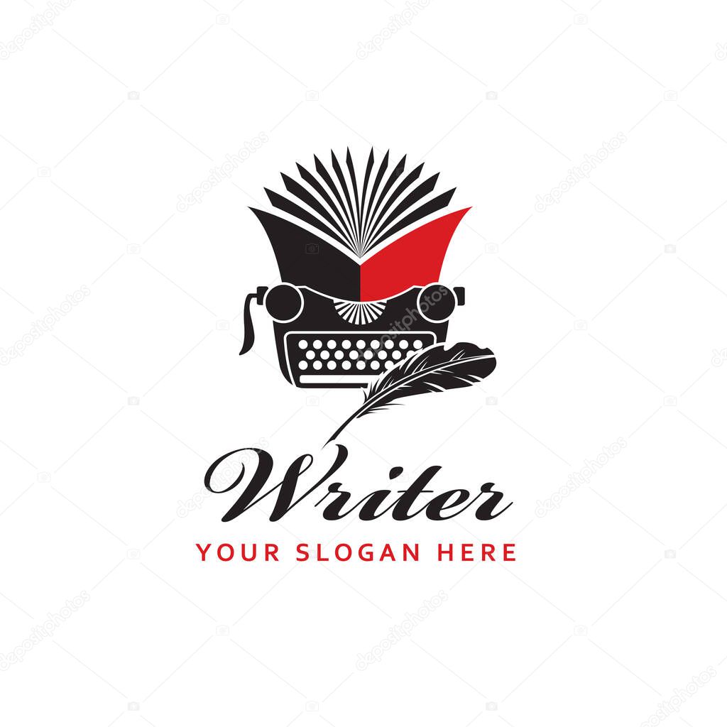 Writer badge with typewriter and book isolated on white background