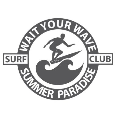 Sörfçü adam amblemi beyaz arka planda izole edilmiş deniz dalgası