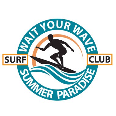 Sörfçü adam amblemi beyaz arka planda izole edilmiş deniz dalgası