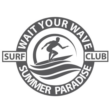 Sörfçü adam amblemi beyaz arka planda izole edilmiş deniz dalgası