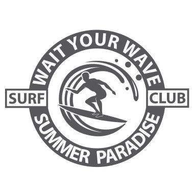 Sörfçü adam amblemi beyaz arka planda izole edilmiş deniz dalgası