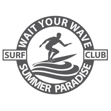 Sörfçü adam amblemi beyaz arka planda izole edilmiş deniz dalgası