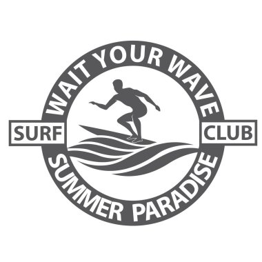 Sörfçü adam amblemi beyaz arka planda izole edilmiş deniz dalgası