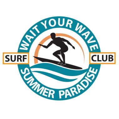 Sörfçü adam amblemi beyaz arka planda izole edilmiş deniz dalgası