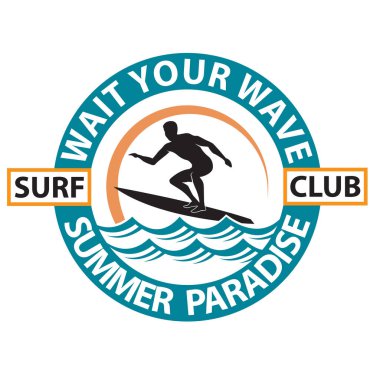 Sörfçü adam amblemi beyaz arka planda izole edilmiş deniz dalgası